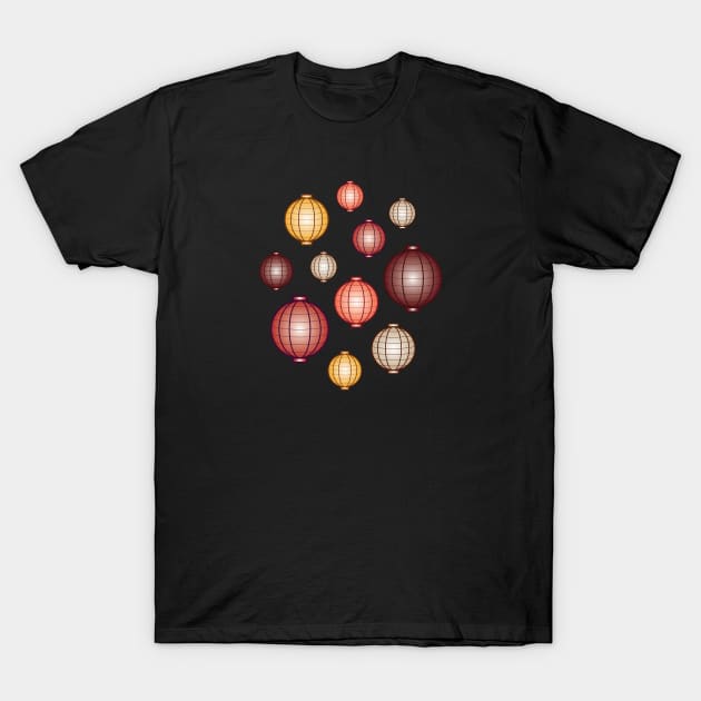 Lanterns | Mid Autumn Festival | Maroon Orange Gray | Black T-Shirt by Wintre2